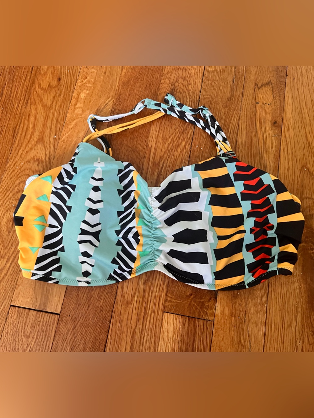 Freya Colorblock Tribal Print Bandeau Bikini Top - Aqua, Yellow, Black in 32DDD